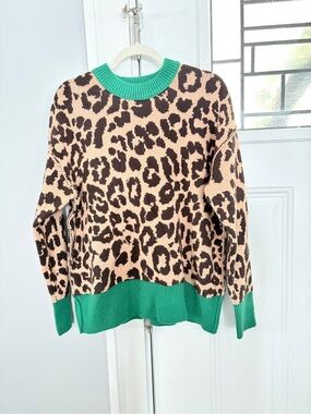 aerie Leopard-Print Crewneck Sweater with Green Trim